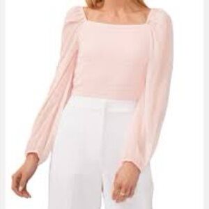 Halogen Womens Blouse Smocked Puff Chiffon Sleeve Pink Sz XL Flowy Contemporary
